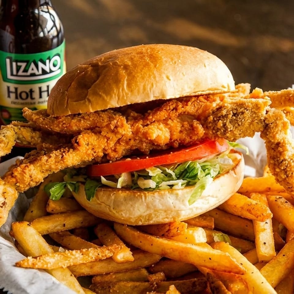 Crispy soft-shell crab sandwich with lettuce, tomato, and fries, with hot sauce bottles in the background.