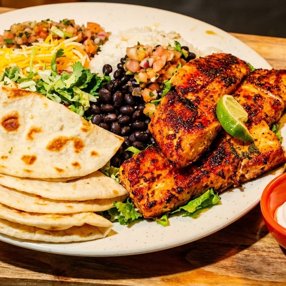 Grilled salmon with rice, black beans, salsa, tortillas, and sour cream on a white plate.