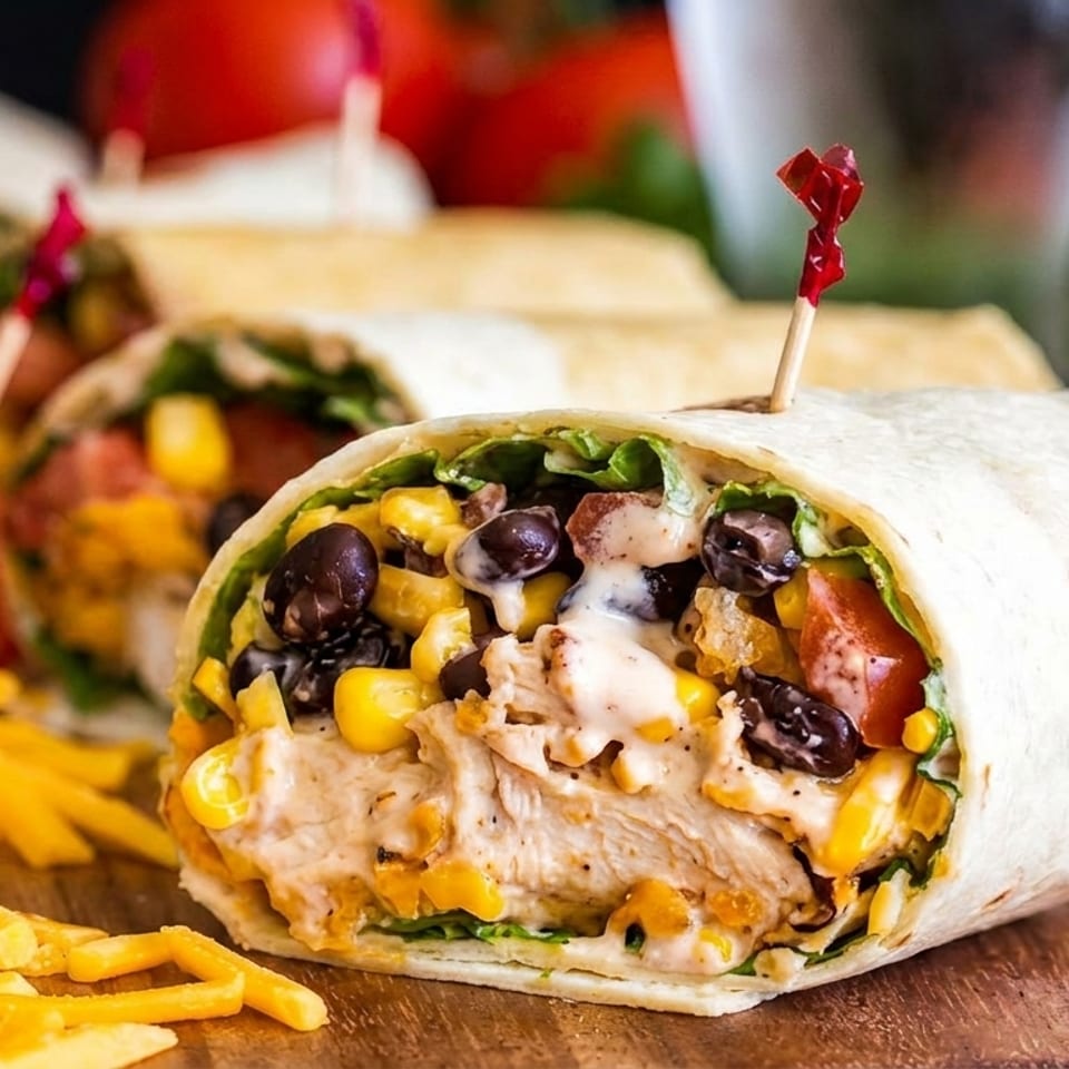 Chicken burrito with corn, black beans, lettuce, tomatoes, and cheese on a wooden board.