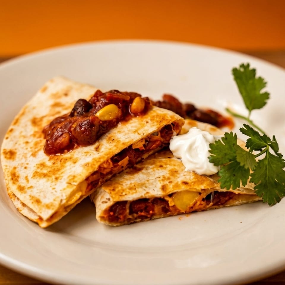 Two quesadilla halves topped with salsa, sour cream, and cilantro on a white plate.
