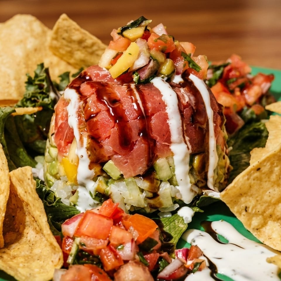 A vibrant tuna poke tower with avocado, salsa, and tortilla chips on a green plate.
