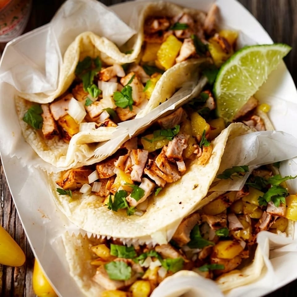 Three al pastor tacos with pineapple, onions, and cilantro, served with a lime wedge and hot sauce.