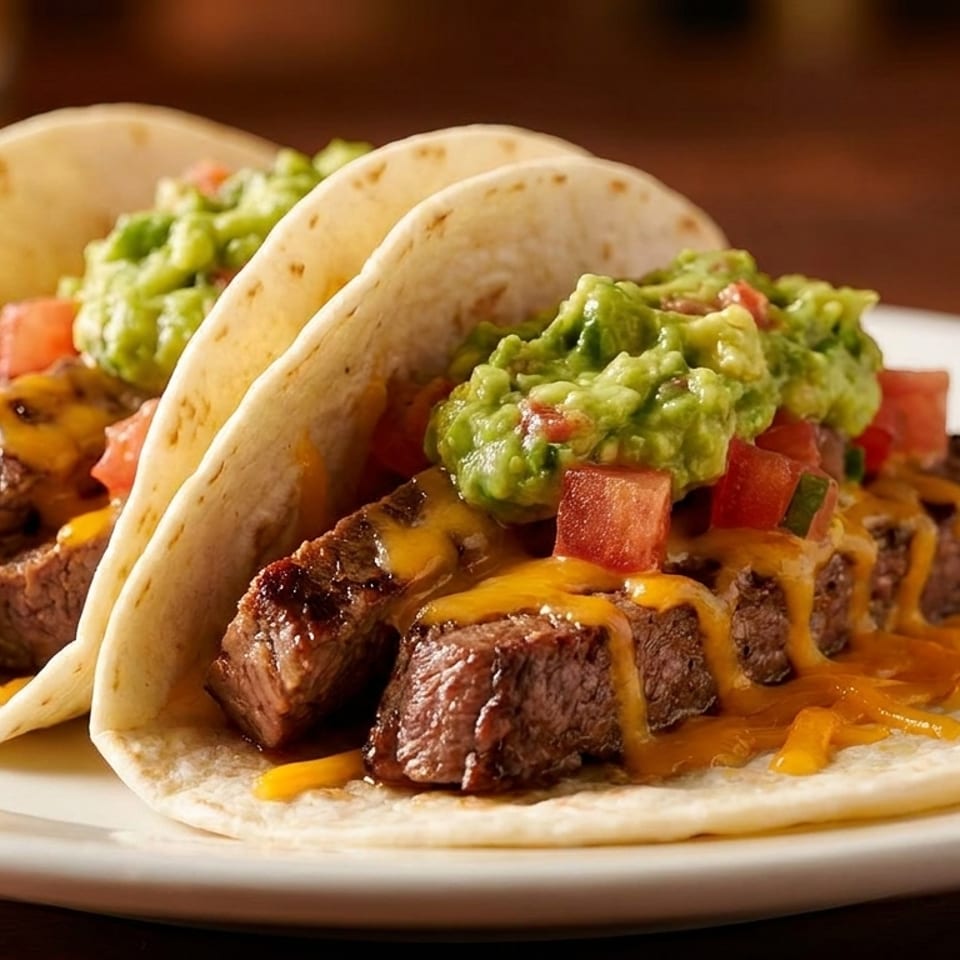 Two steak tacos with melted cheese, guacamole, and diced tomatoes on a white plate.