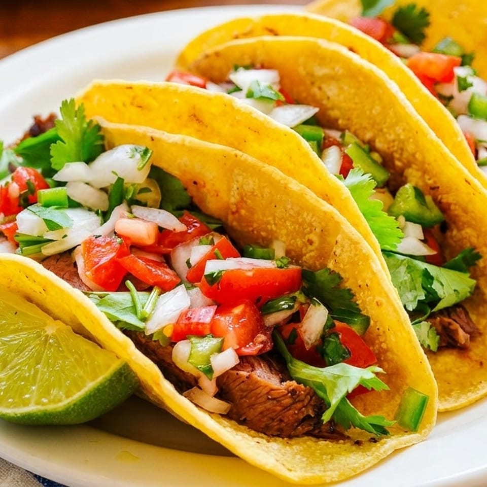 Three vibrant street tacos with steak, pico de gallo, cilantro, and a lime wedge on a white plate.