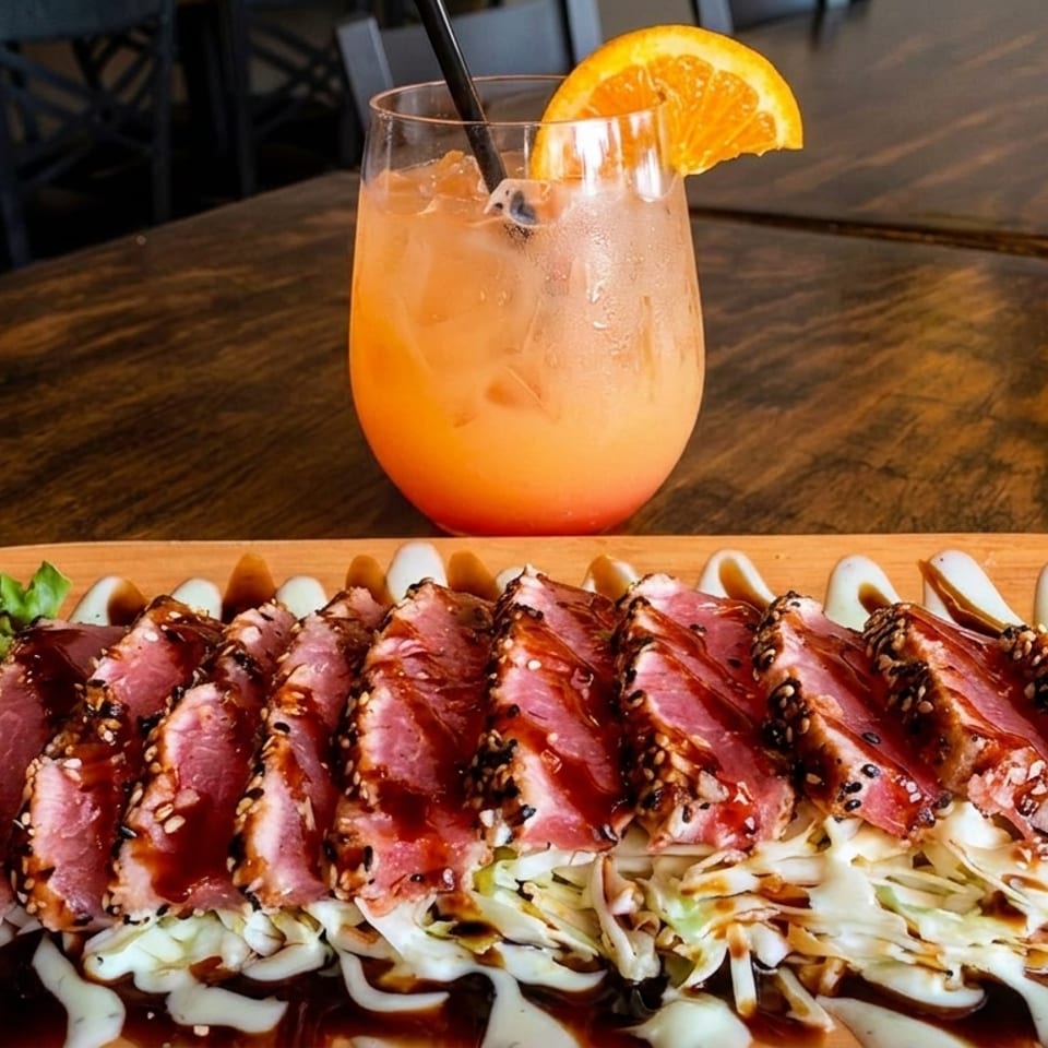 Seared tuna with sesame seeds and sauce, alongside an orange cocktail on a wooden table.