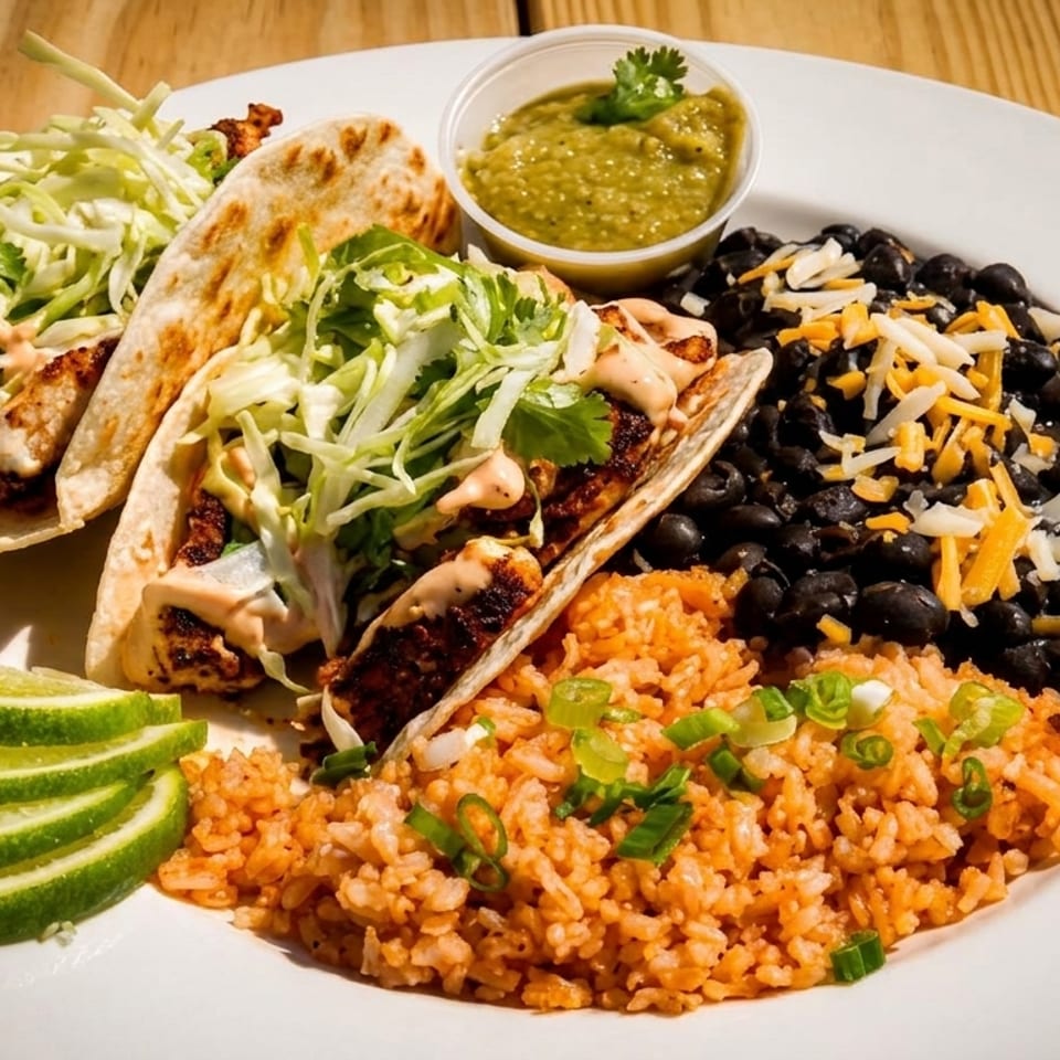 Two fish tacos with shredded cabbage, sauce, rice, black beans, salsa, and lime wedges on a white plate.